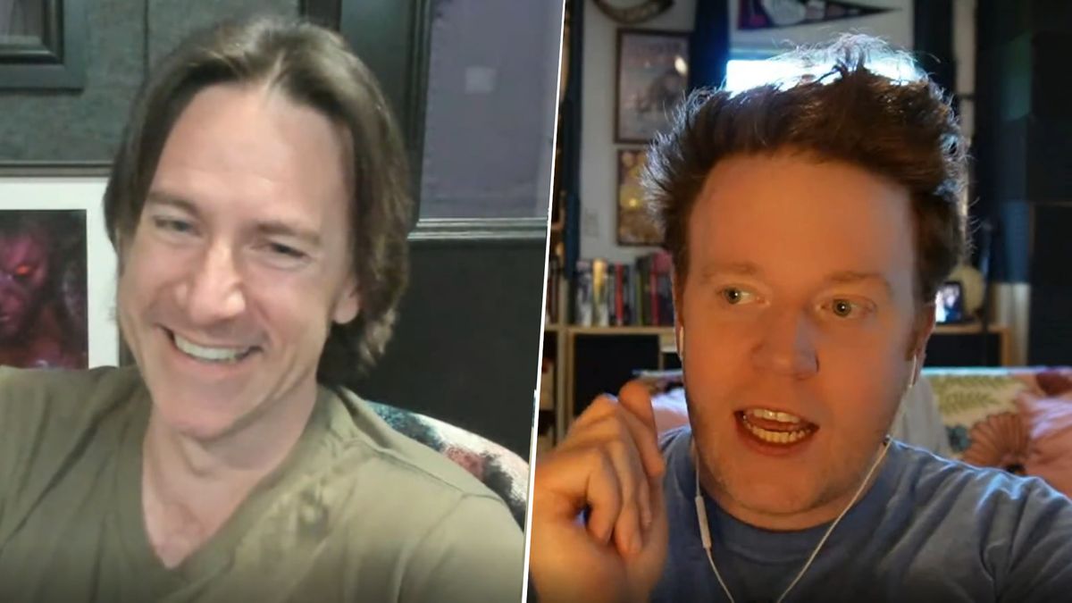 Matt Mercer smiling and Brennan Lee Mulligan talking, with a white line dividing them