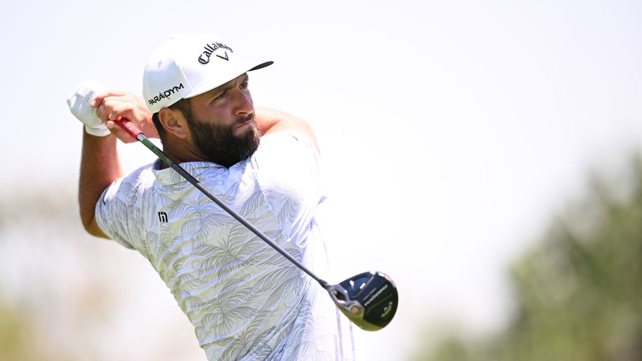 Jon Rahm plays his shot during the third round of the Mexico Open at Vidanta.