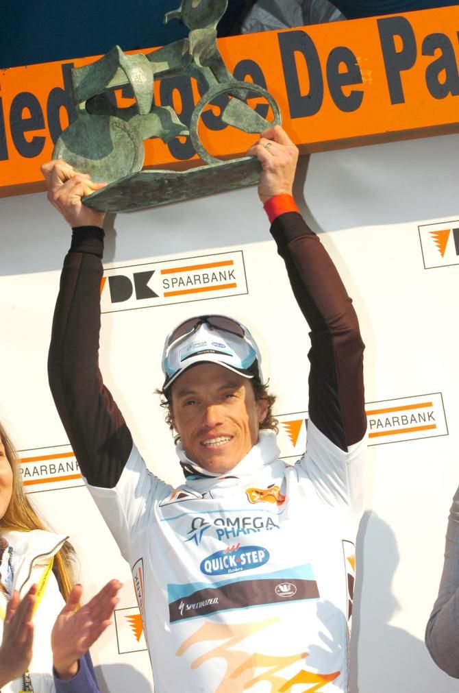 Sylvain Chavanel (Omega Pharma QuickStep) on the podium at De Panne