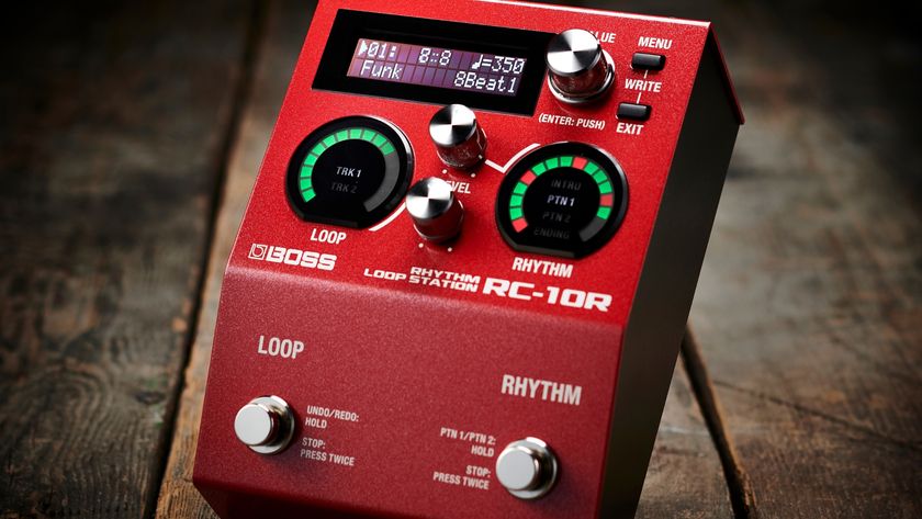 A Boss RC-10R looper pedal on a wooden floor