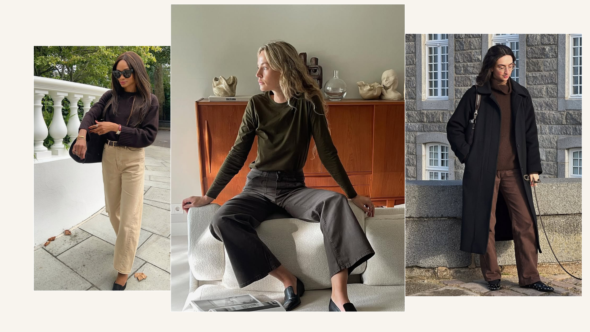 Three different outfits featuring brown jeans in various shades