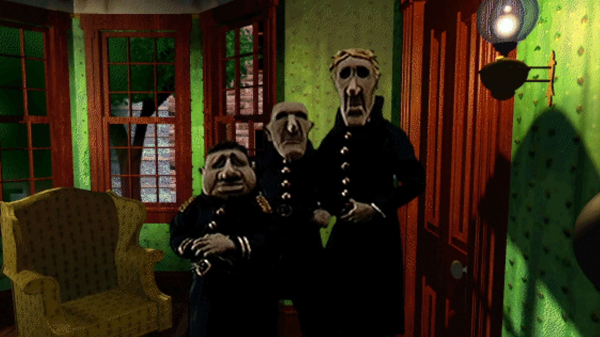 A screenshot from The Dark Eye showing three mysterious policemen