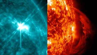 two panel image, left is the X-class solar flare erupting and right is a filament eruption from the sun.