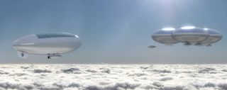 large silver egg shapes float above a layer of white clouds in a blue-grey sky