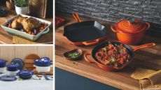 Compilation image of Aldi cast iron cookware in green, orange and blue