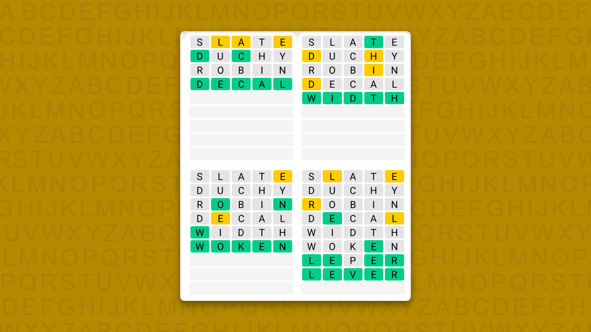 Quordle answers for game 1732 on a yellow background