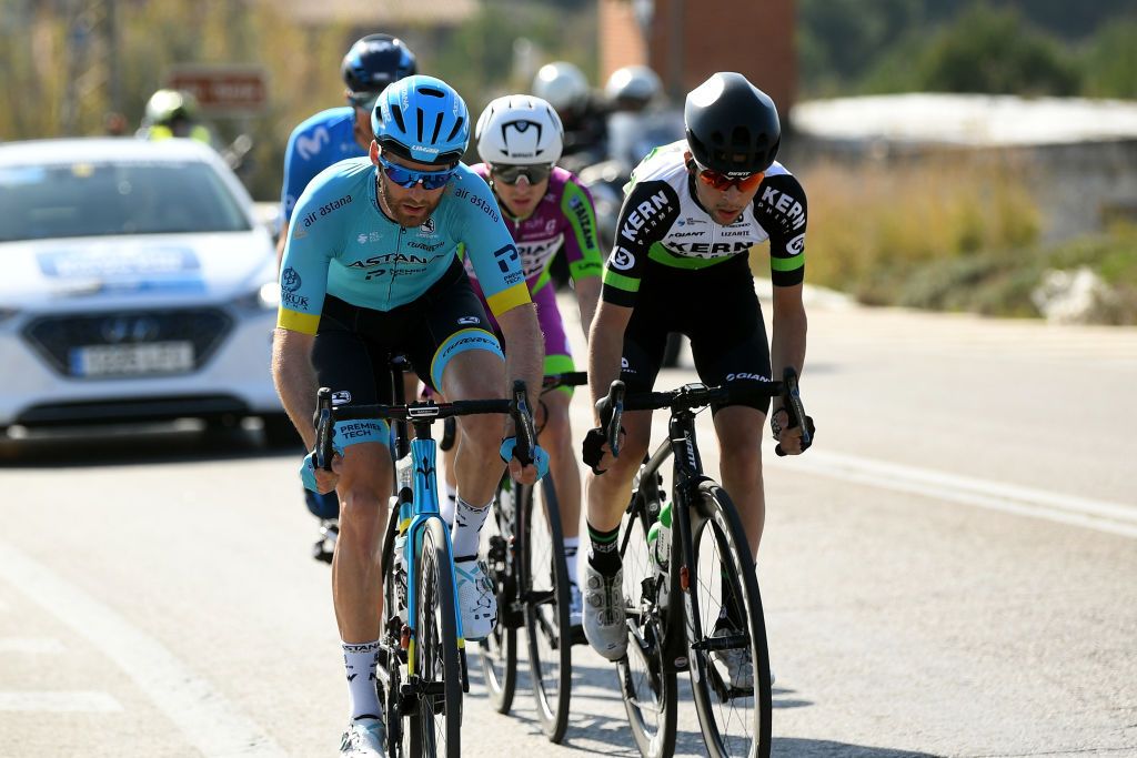 VALENCIA SPAIN FEBRUARY 09 Hugo Houle of Canada and Astana Pro Team Jon Agirre of Spain and Team Equipo Kern Pharma Francesco Romano of Italy and Team BardianiCsfFaizan Sergio Samitier of Spain and Movistar Team during the 71st Volta a la Comunitat Valenciana 2020 Stage 5 a 977km stage from Paterna Valencia VueltaCV VCV2020 on February 09 2020 in Valencia Spain Photo by David RamosGetty Images
