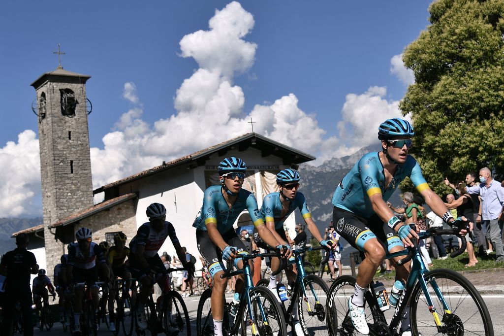 Astana Pro Team Denmark rider Jakob Fuglsang R leads the pack as they past the Shrine of Madonna del Ghisallo during the 114th edition of the giro di Lombardia Tour of Lombardy a 231 km cycling race from Bergamo to Como on August 15 2020 Photo by Marco Bertorello AFP Photo by MARCO BERTORELLOAFP via Getty Images