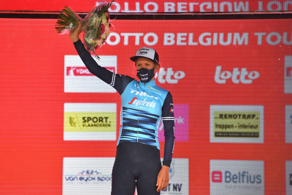 CHIMAY BELGIUM JUNE 22 Ellen Van Dijk of The Netherlands and Team Trek Segafredo celebrates at podium during the 9th Lotto Belgium Tour 2021 Prologue a 44km Individual Time Trial stage from Chimay to Chimay ITT LottoBelgTour LottoBelgiumTour on June 22 2021 in Chimay Belgium Photo by Luc ClaessenGetty Images