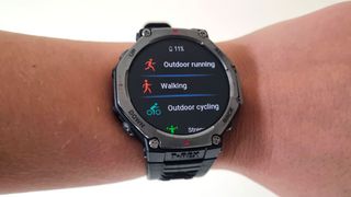 The Amazfit T-Rex 3, a close-up picture of the sports modes display