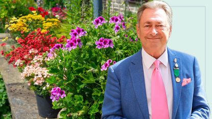 picture of colourful floral plants in garden with cut out of alan titchmarsh over top