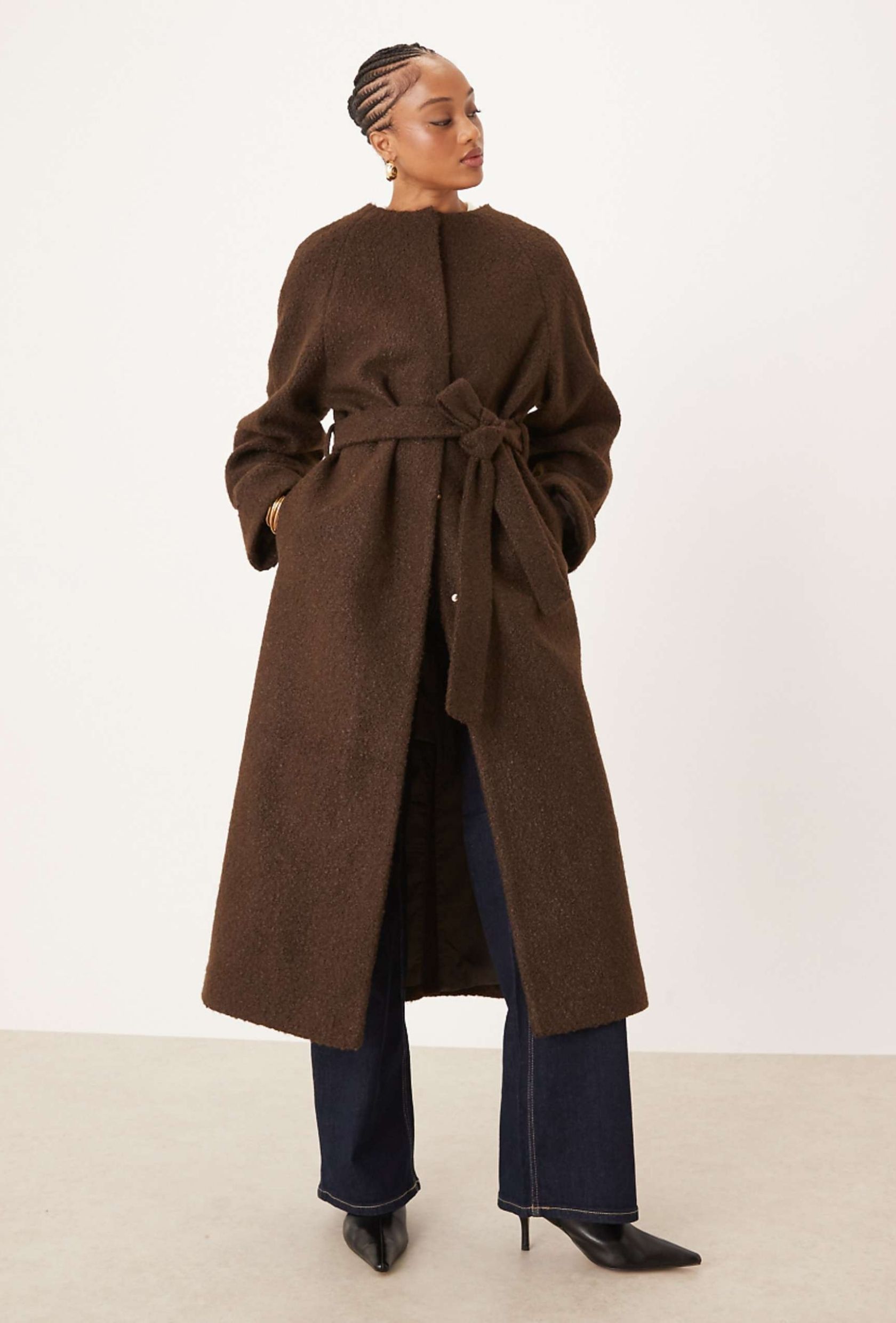 Asos Design Tall Collarless Boucle Longline Formal Coat in Bitter Chocolate