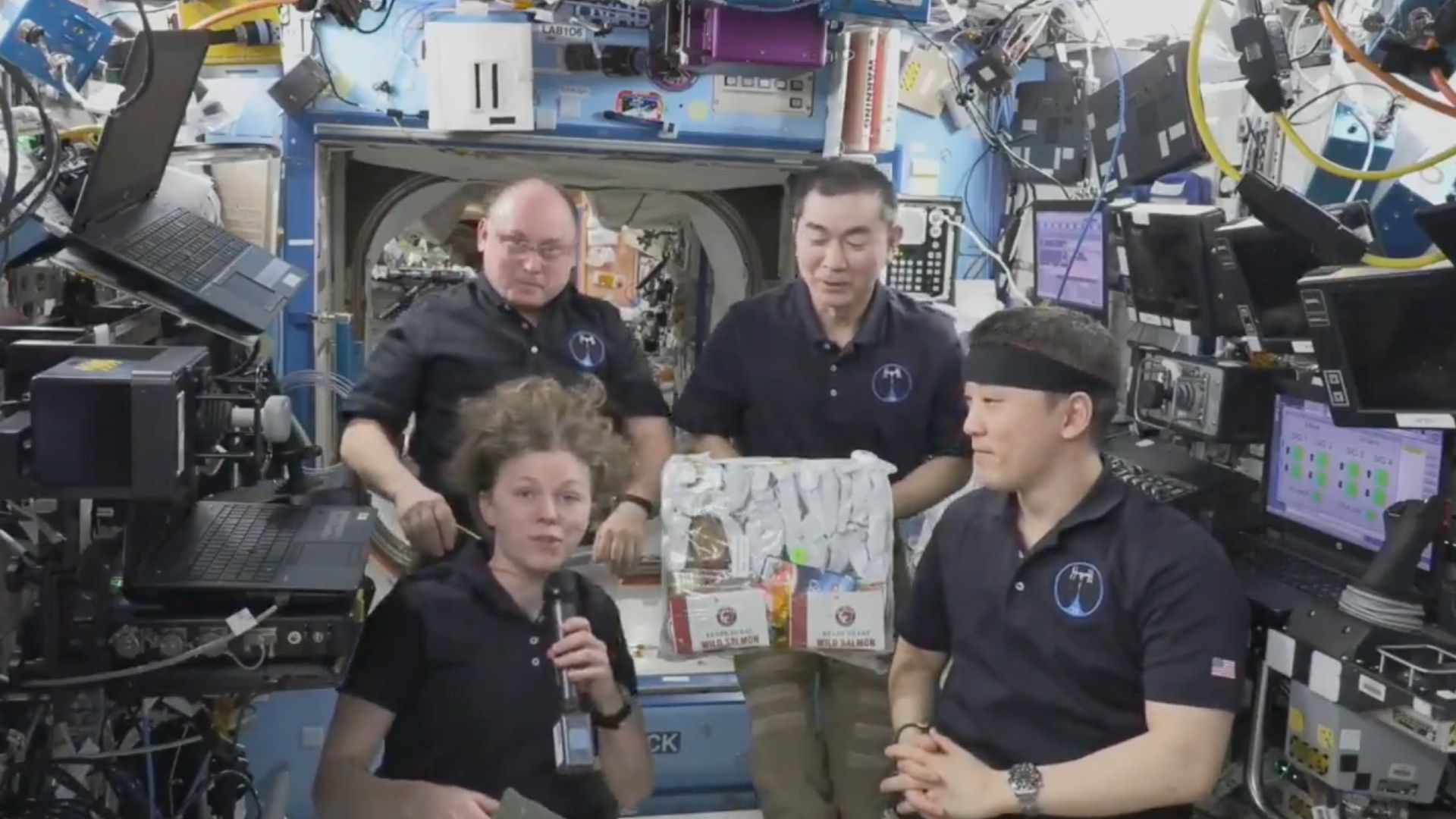 Astronauts on ISS enjoying Thanksgiving dinner