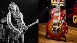 LEFT: LOS ANGELES, USA - 1st NOVEMBER: Guitarist Tommy Bolin (1951-1976) from Deep Purple performs on stage at Columbia rehearsal studios in Los Angeles, USA in November 1975. RIGHT: A photo of Tommy Bolin's 1960 Gibson Les Paul Standard Serial Number 0 7458, owned by Joe Bonamassa, photographed in his Nerdville museum