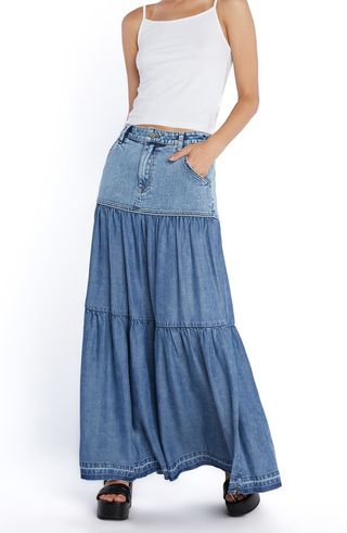 Contrast Tiered Denim Maxi Skirt