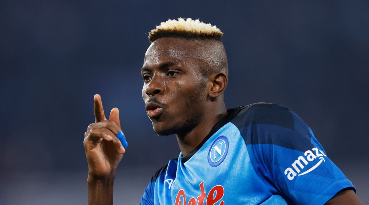 Manchester United-linked Napoli striker Victor Osimhen celebrates after scoring his team&#039;s first goal during the Serie A match between Napoli and Juventus on 13 January, 2013 at the Stadio Diego Armando Maradona in Naples, Italy.