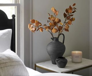 Mustard Silver Dollar Eucalyptus Stem in a black vase on a bedside table
