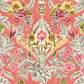 A peach peel-and-stick wallpaper square with yellow, pink, and gray flowers