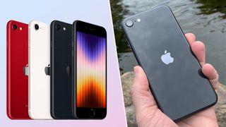 composite image of iphone se 2022 render and photo of iphone se 2020 in hand