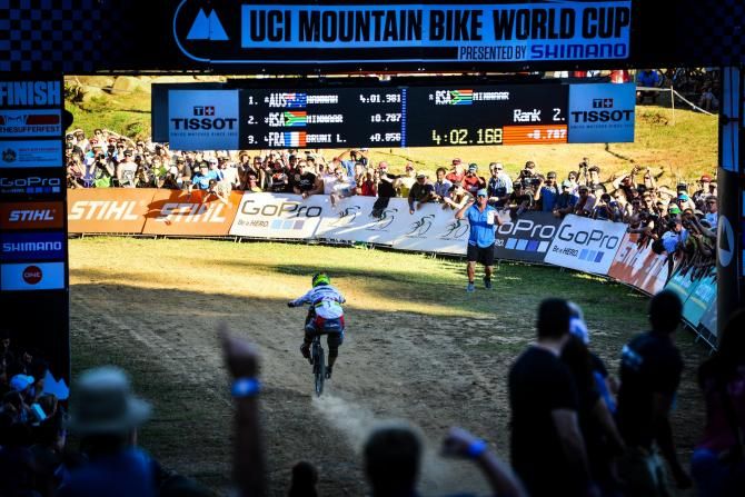 Hometown hero and World Champion Greg Minnaar of Santa Cruz Syndicate finished in a commendable third place in the elite men's downhill