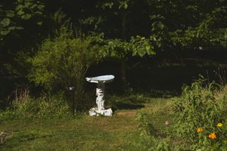 A ceramic bird bath by Katie Stout photographed on the grass with trees in the background