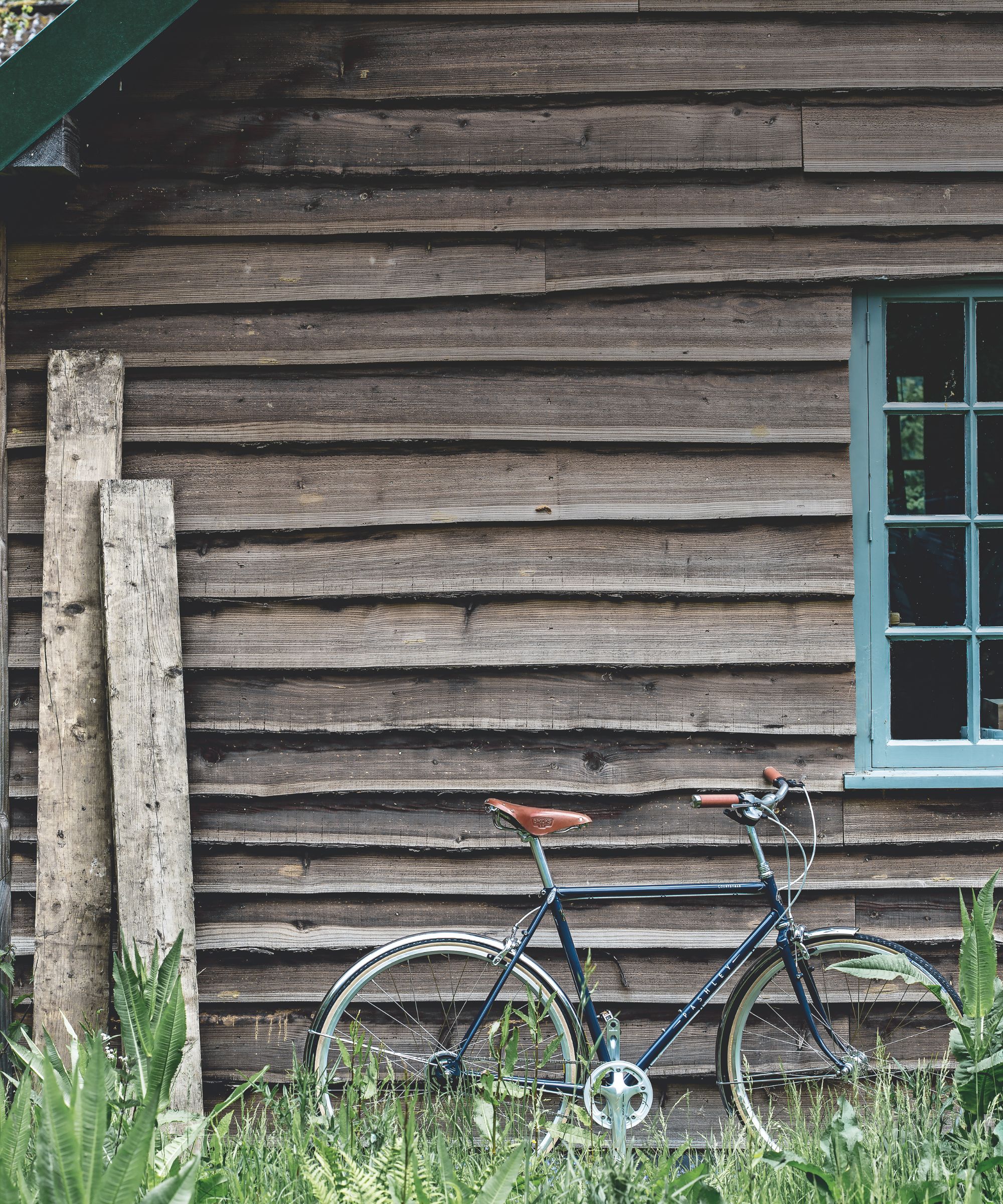 A large wooden garden shed with blue window frames and a black bicycle and two planks of wood leaned up against it. Green grass is seen in the foreground.