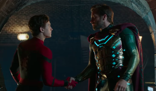 Tom Holland as Spider-Man and Jake Gyllenhaal as Mysterio in Far From Home