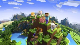 Laden Sie Minecraft für PC herunter. Zwei Charaktere auf einem Hügel mit Tieren