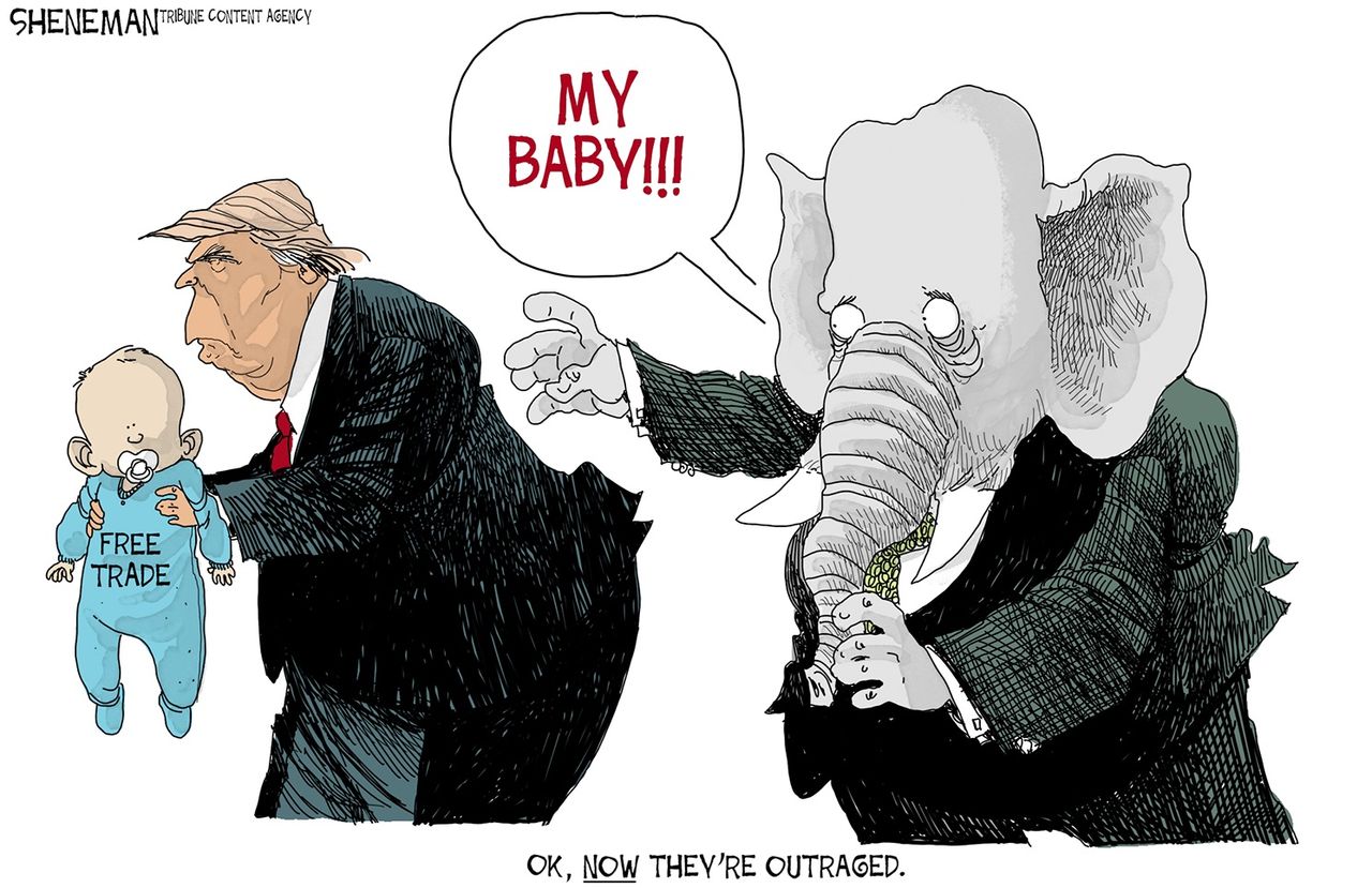 Political cartoon U.S. Trump republicans free trade GOP outrage