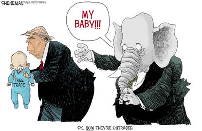 Political cartoon U.S. Trump republicans free trade GOP outrage