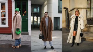 A composite of street style influencers showing different types of coats - teddy coats