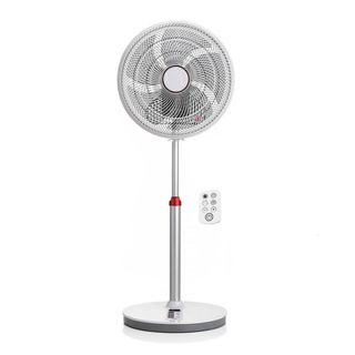 A white EcoAir Kinetic pedestal fan with remote control