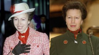 Princess Anne wearing a thin scarf at East Midlands International Airport and at The International Boat Show