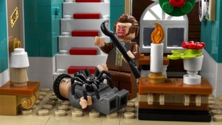 LEGO Ideas Home Alone minifigs in the hallway, with the giant spider