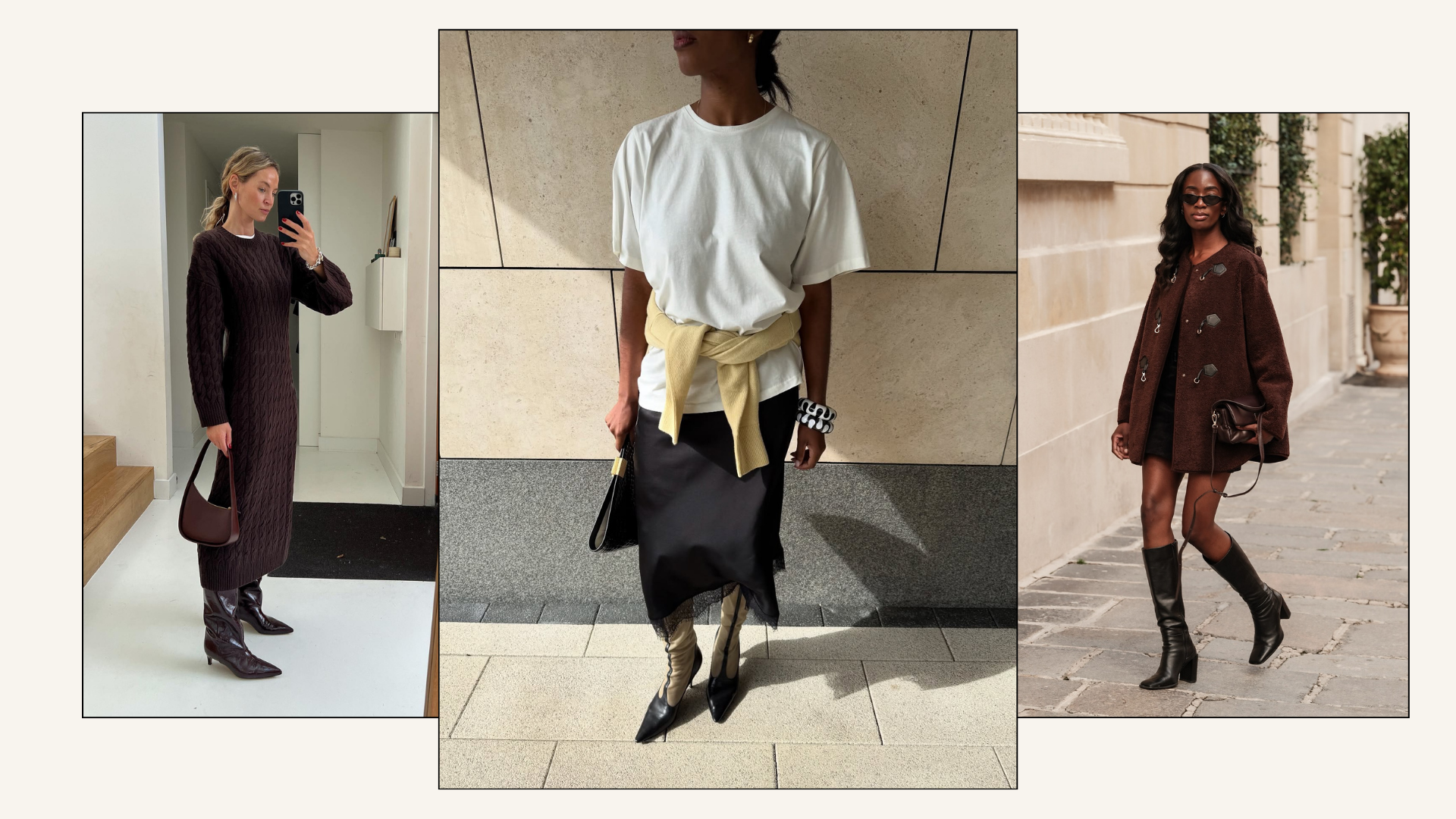 Three stylish women wearing outfits with boots