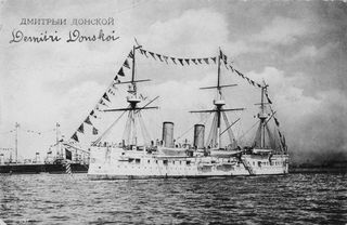 The Dmitrii Donskoi warship of the Imperial Russian Navy is seen here on Oct. 3, 1891, at anchor off Brest, France.