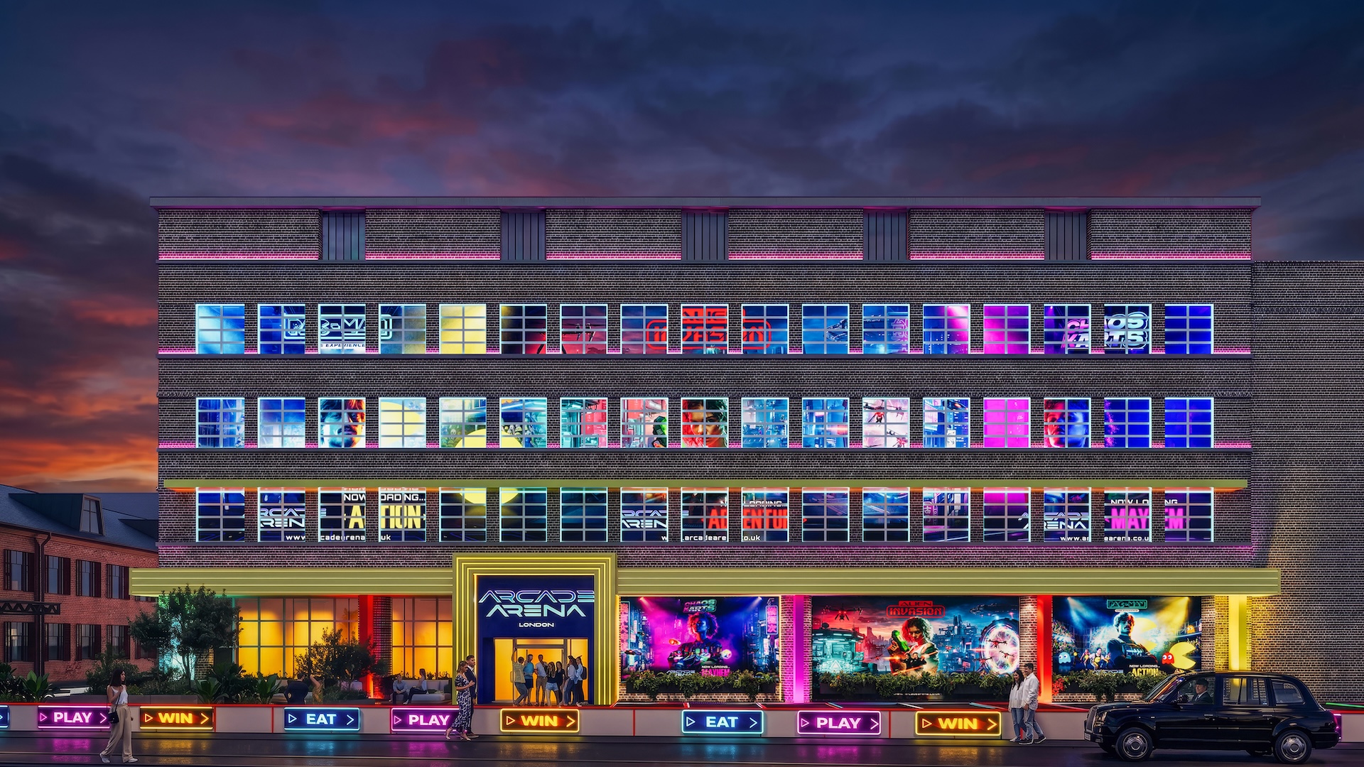 Arcade Arena opening night., a building with neon lights and game options below 