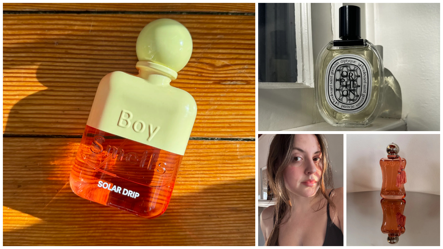 spring fragrances collage with a bottle of green and orange perfume, plus a selfie of a woman holding a clear bottle of perfume