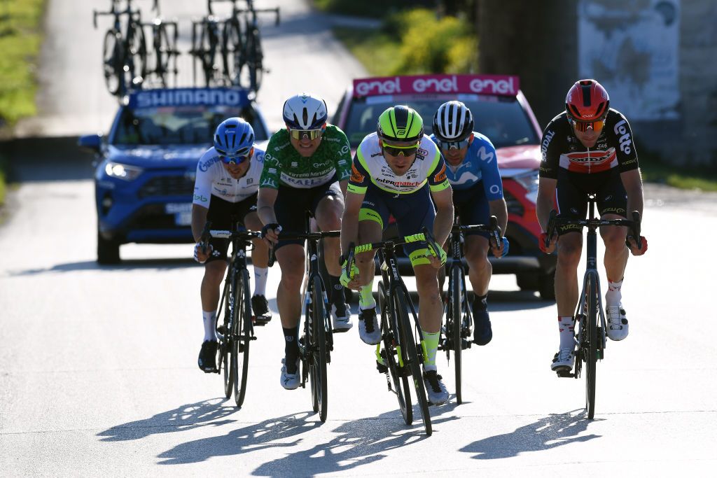 LIDODIFERMO ITALY MARCH 15 Brent Van Moer of Belgium and Team Lotto Soudal Mads Wurtz Schmidt of Denmark and Team Israel StartUp Nation Green Mountain Jersey Jan Bakelants of Belgium and Team Intermarch Wanty Gobert Matriaux Simone Velasco of Italy and Team Gazprom Rusvelo Nelson Oliveira of Portugal and Movistar Team during the 56th TirrenoAdriatico 2021 Stage 6 a 169km stage from Castelraimondo to Lido di Fermo Breakaway TirrenoAdriatico on March 15 2021 in Lido di Fermo Italy Photo by Tim de WaeleGetty Images
