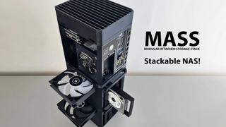 Stackable NAS "MASS Premium" (top unit) attached to 5-Bay Drive Caddy (bottom unit).