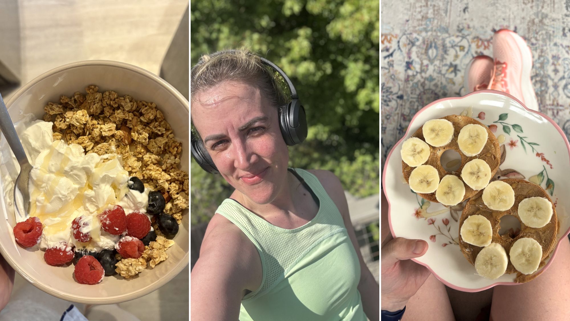 Fuelling workouts: A yoghurt bowl, Rebecca on a run, and banana and peanut butter on a bagel