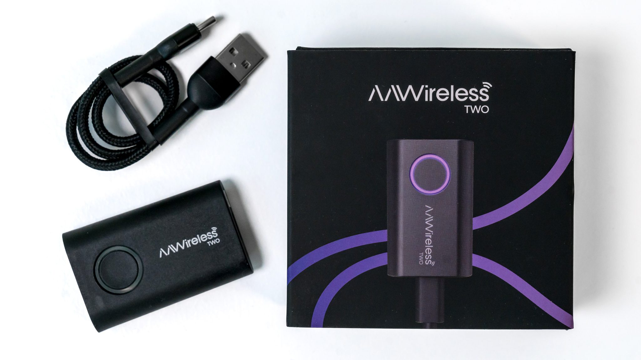 AAWireless Two Android Auto adapter with USB cable and box.