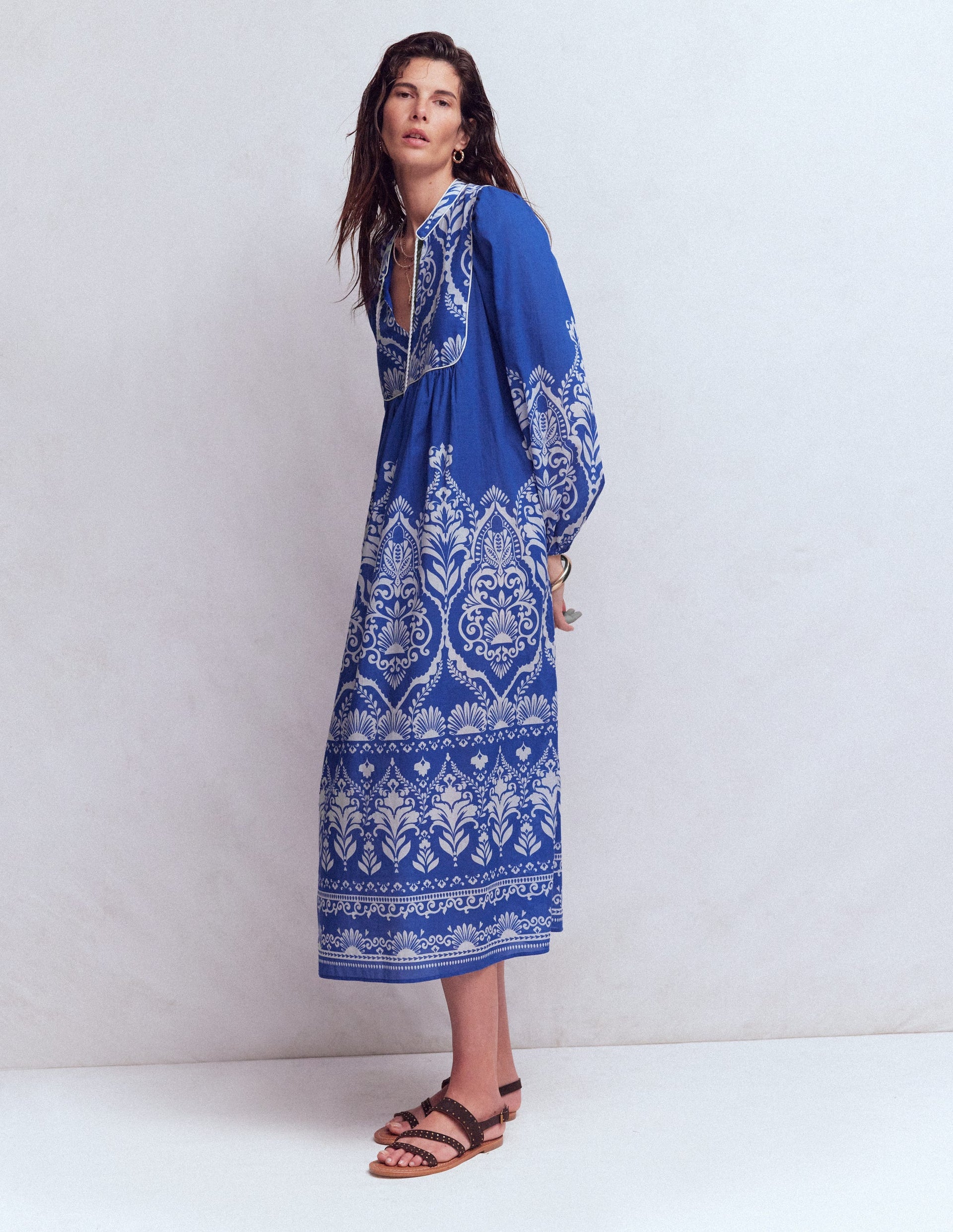 Boho Tie Neck Kaftan-Blue Ornamental Garden