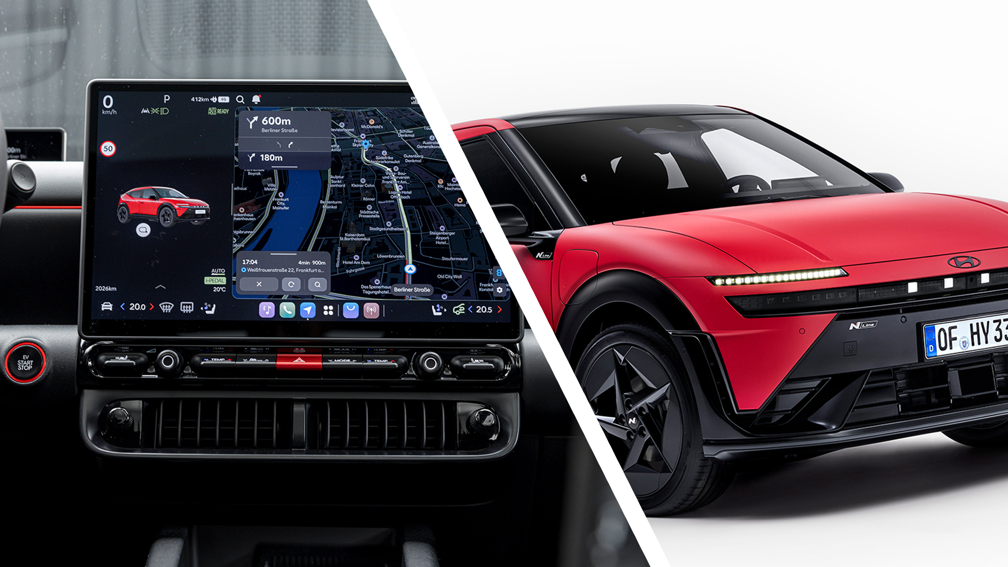 The interior of the Hyundai Ioniq 3 next to an external photo on a white background