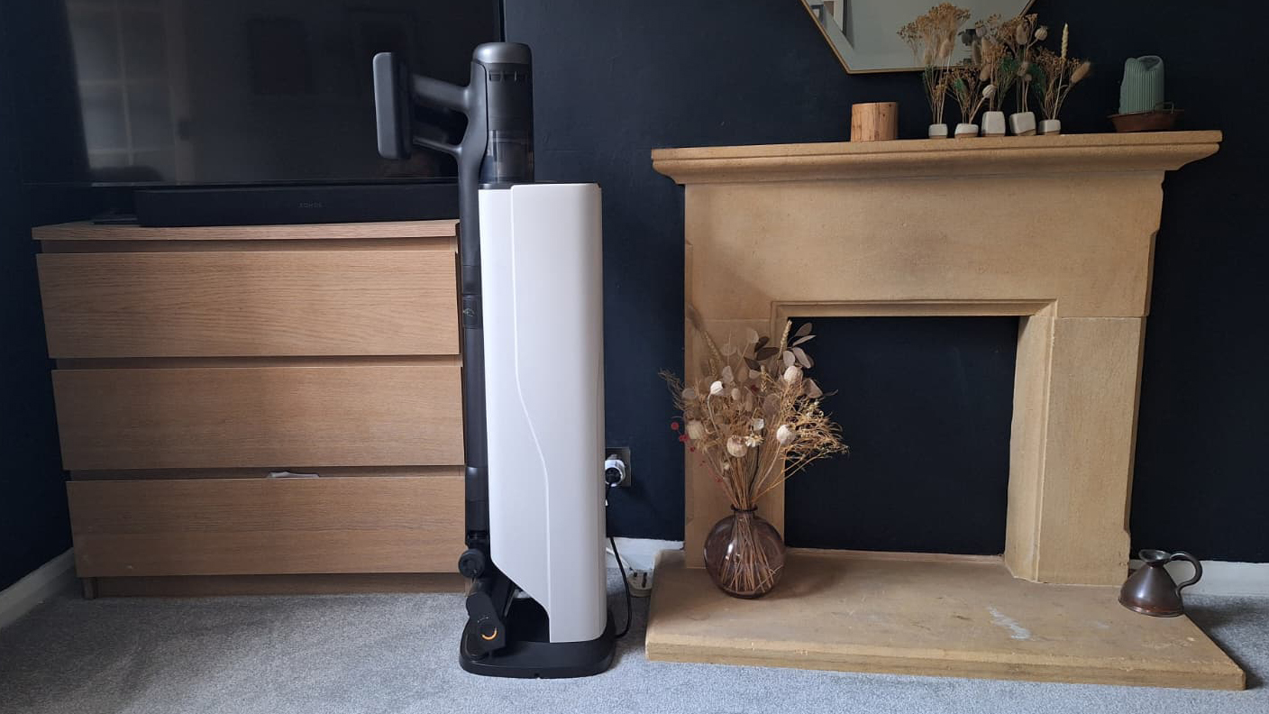 Roborock H60 Hub Ultra in its dock, in reviewer&#039;s living room
