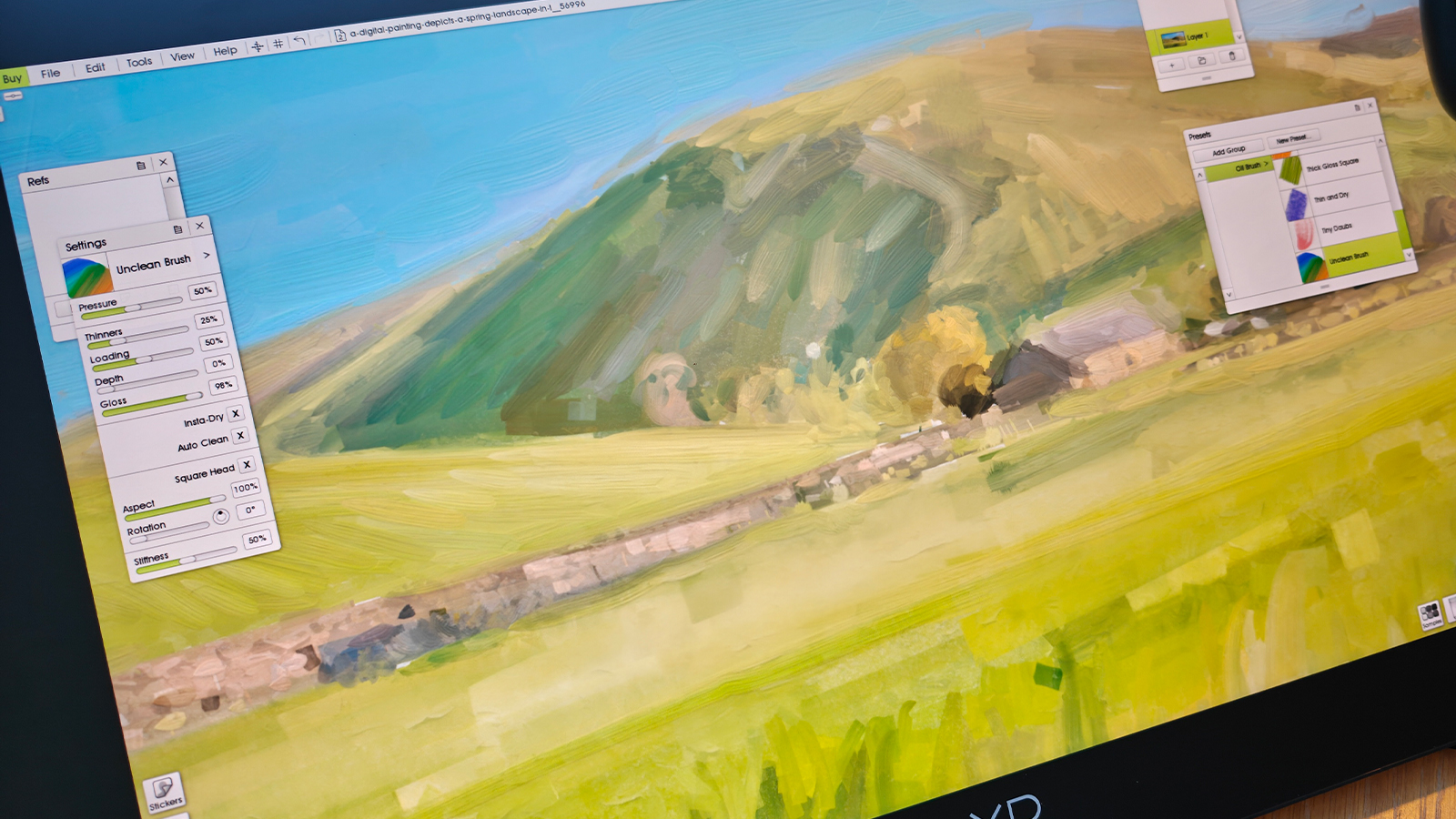 XPPen Artist Pro 27 Gen 2 review, a painting of a countryside scene on a drawing tablet