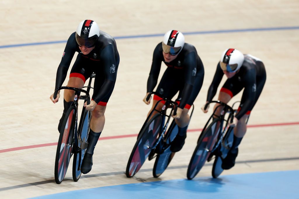 PARIS FRANCE AUGUST 05 Sophie Capewell Emma Finucane and Katy Marchant of Team Great Britain compete as they break a New World Record during the Womens Team Sprint Qualifiers on day ten of the Olympic Games Paris 2024 at SaintQuentinenYvelines Velodrome on August 05 2024 in Paris France Photo by Alex BroadwayGetty Images