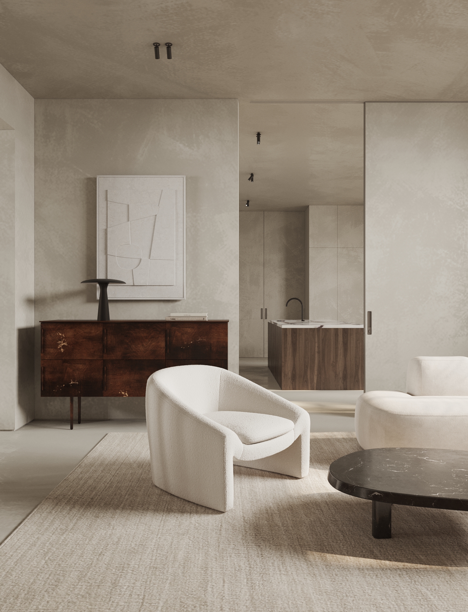 A living room cum kitchen with similar recessed lighting spots