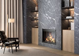 stone cladding around an inset fireplace