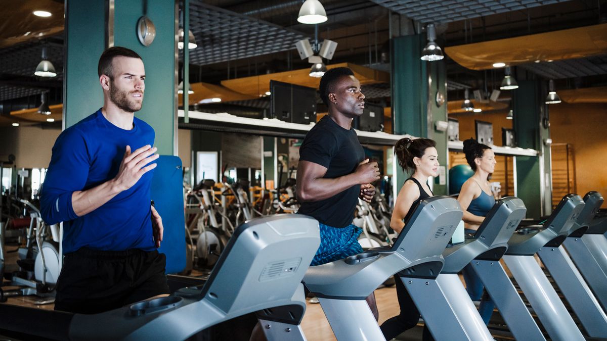 A line of people running on treadmills in the gym